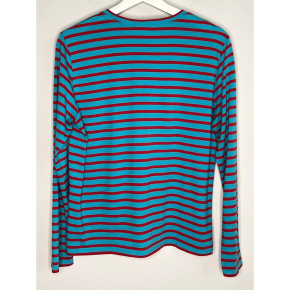 Frances Valentine Pima Cotton Striped Long Sleeve Crew Neck Tee Turquoise Red M - Picture 8 of 9
